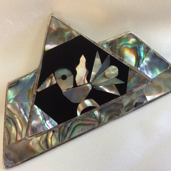 VTG Silver Alpaca Mexico Black Onyx Abalone Shell Bird pin brooch - Picture 4 of 4